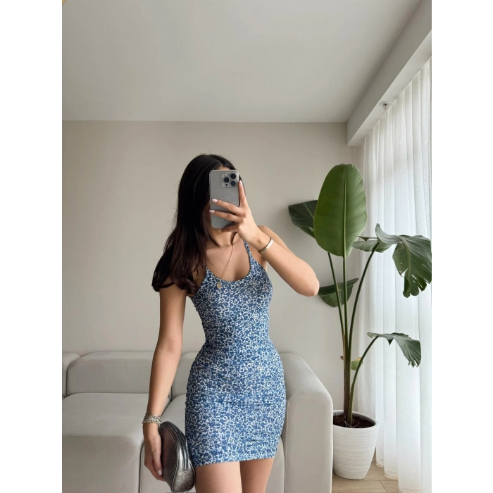 Çiçek Desen Askılı Elbise-MAVİ