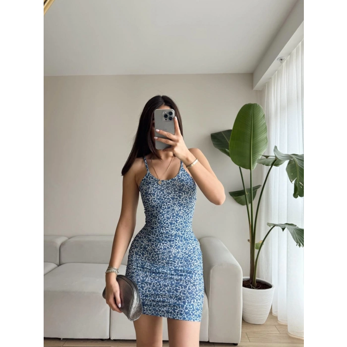 Çiçek Desen Askılı Elbise-MAVİ