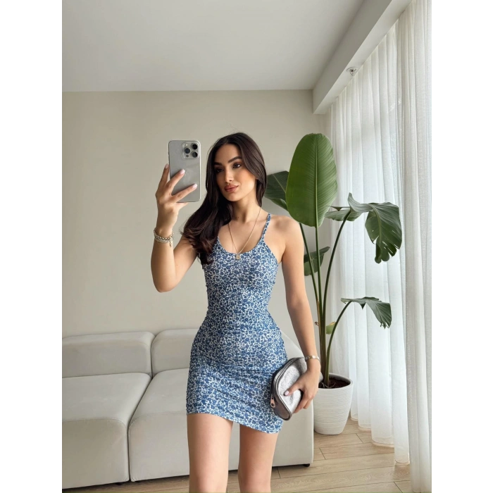 Çiçek Desen Askılı Elbise-MAVİ