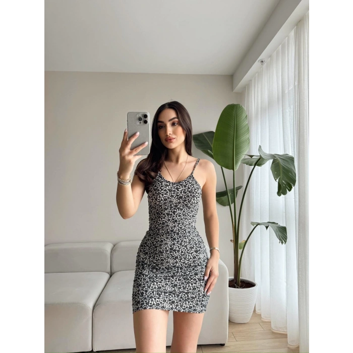 Çiçek Desen Askılı Elbise-SİYAH