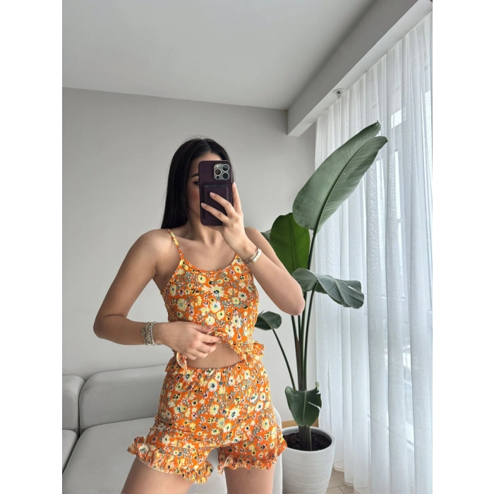 Çiçek Desen Askılı Şortlu Takım-TURUNCU