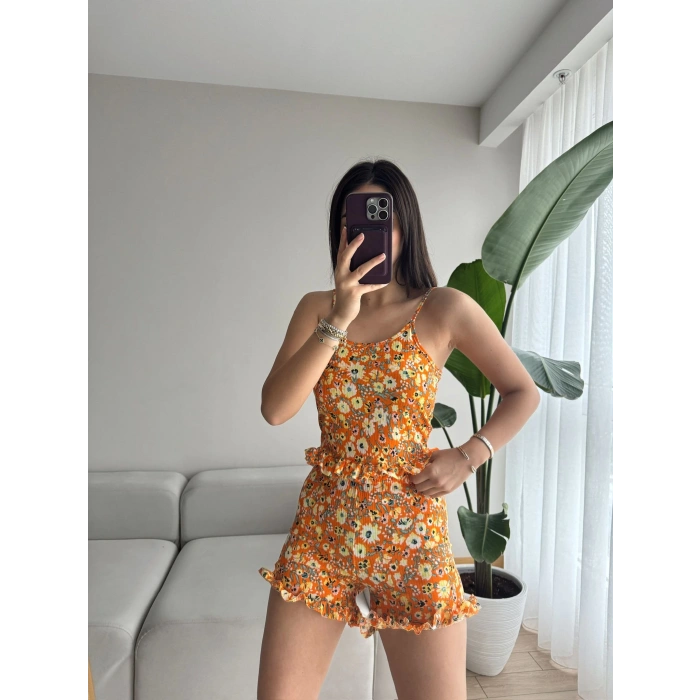 Çiçek Desen Askılı Şortlu Takım-TURUNCU