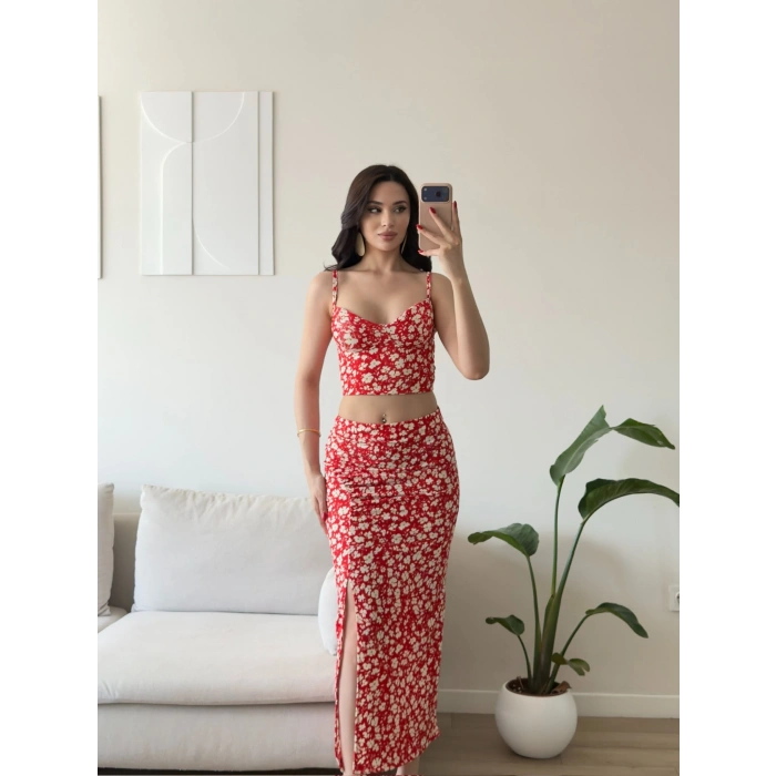 Çiçek Desen Crop Etekli Takım - KIRMIZI