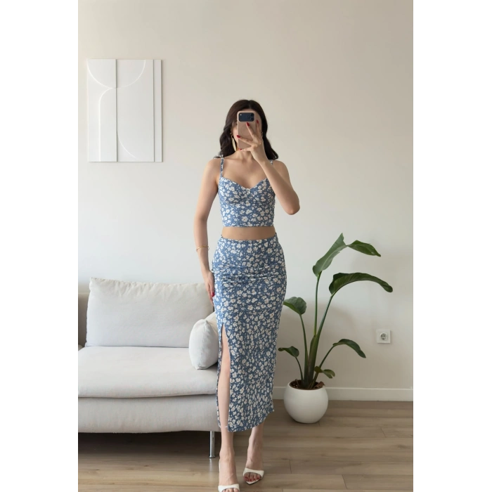 Çiçek Desen Crop Etekli Takım - MAVİ
