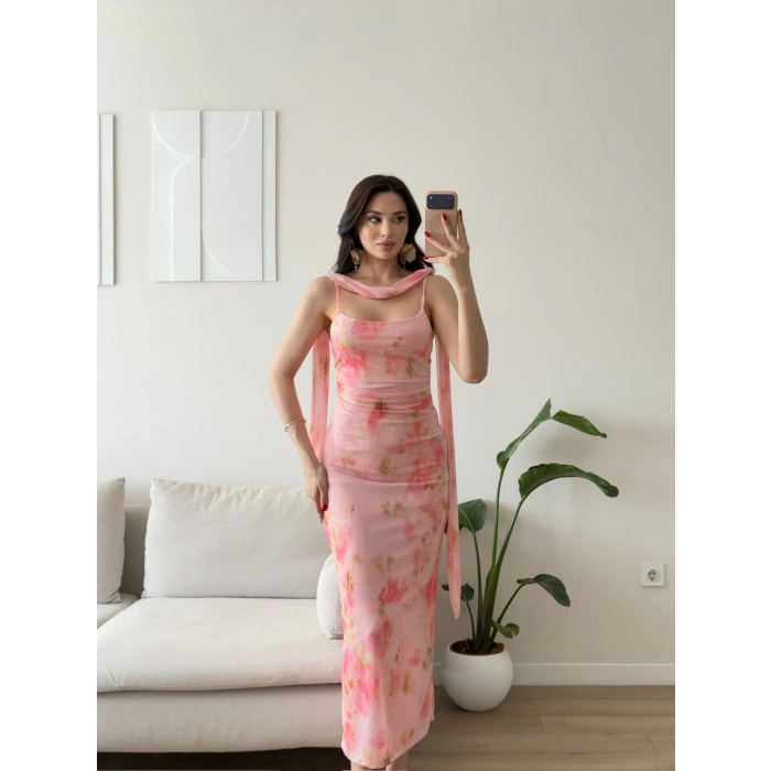 Çiçek Desen Fularlı Elbise - PEMBE