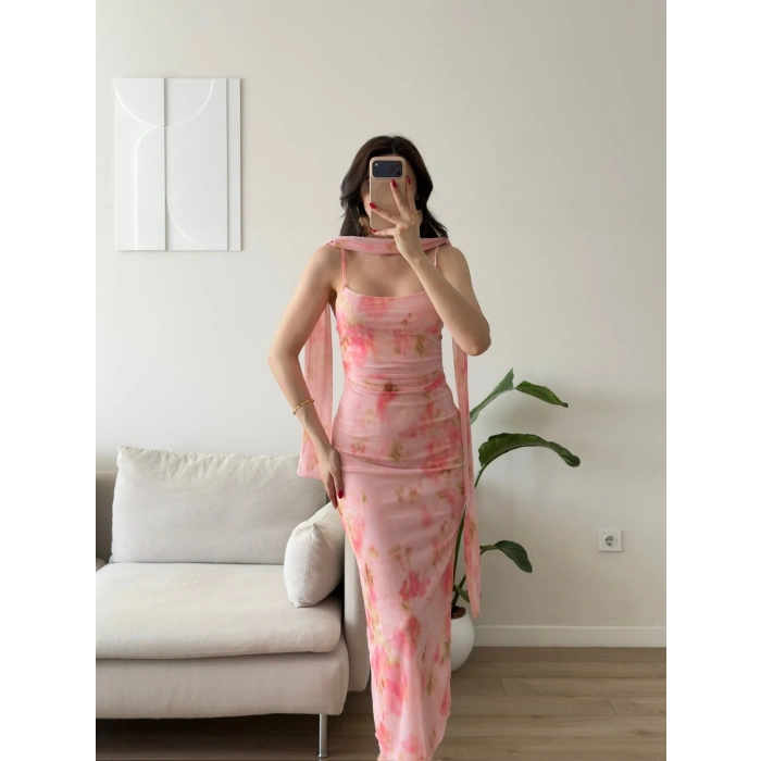 Çiçek Desen Fularlı Elbise - PEMBE