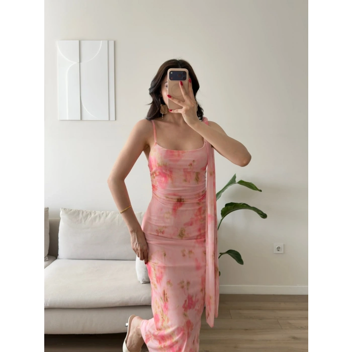 Çiçek Desen Fularlı Elbise - PEMBE