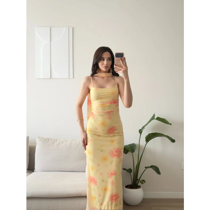 Çiçek Desen Fularlı Elbise - SARI