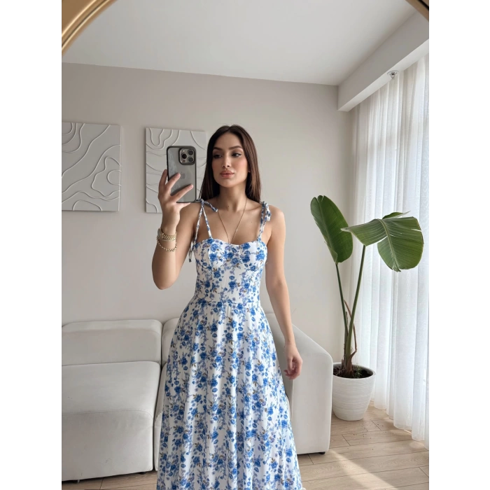 Çiçek Desen Omuz Bağlamalı Elbise - MAVİ