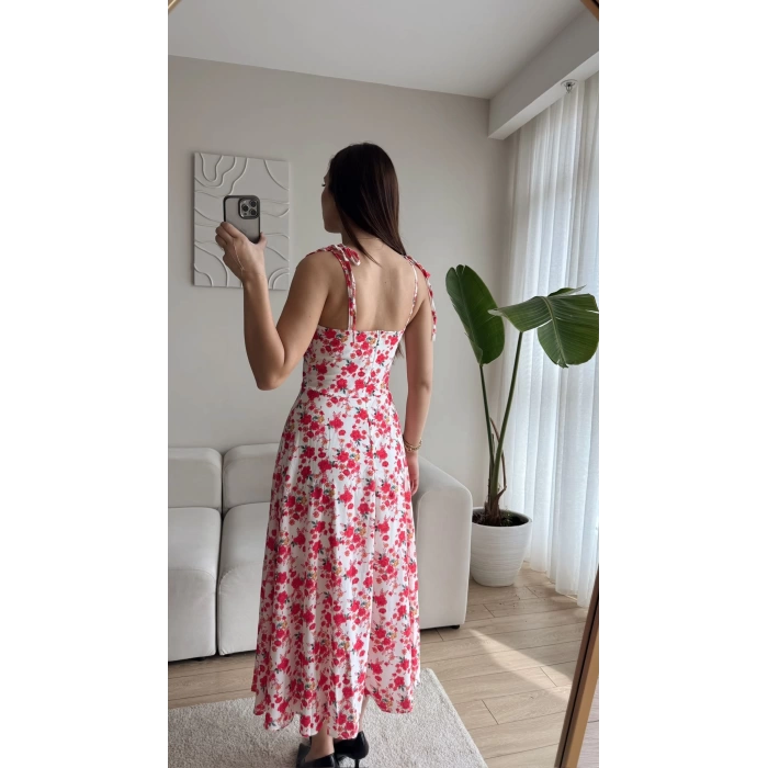 Çiçek Desen Omuz Bağlamalı Elbise - KIRMIZI