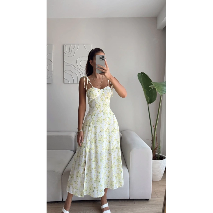 Çiçek Desen Omuz Bağlamalı Elbise - SARI