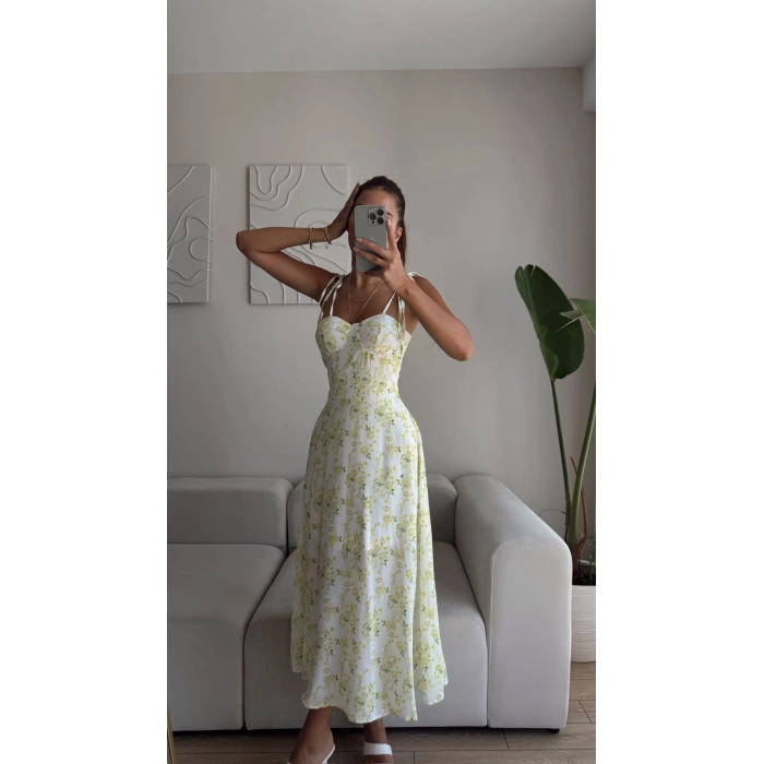 Çiçek Desen Omuz Bağlamalı Elbise - SARI