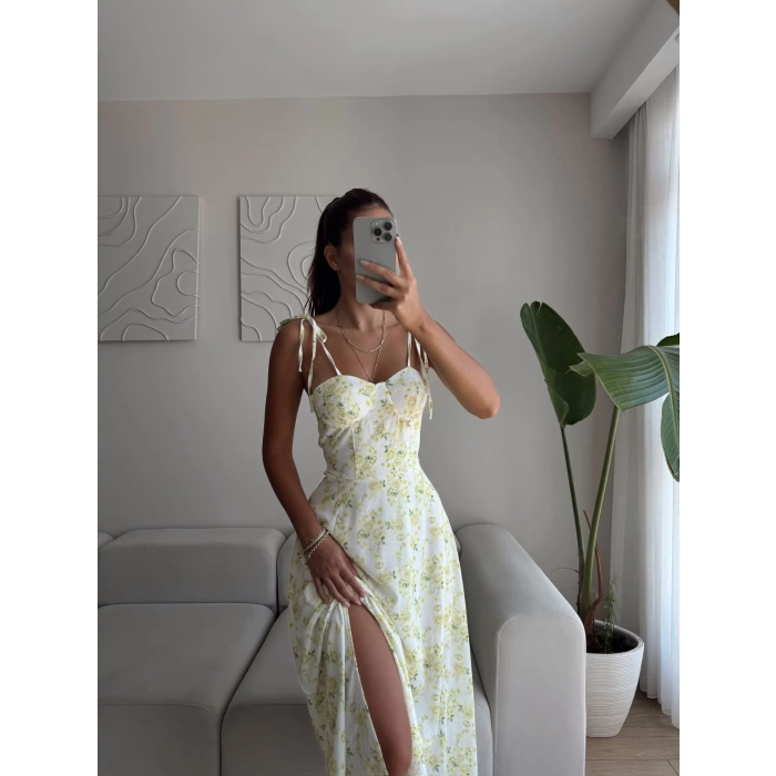 Çiçek Desen Omuz Bağlamalı Elbise - SARI