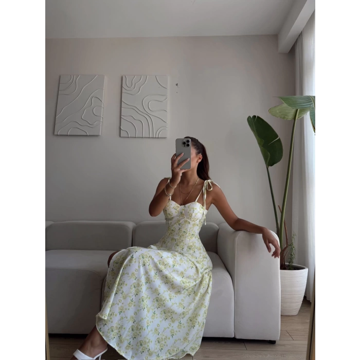 Çiçek Desen Omuz Bağlamalı Elbise - SARI