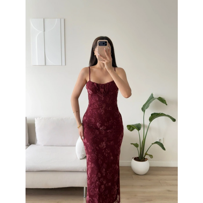 Çiçek Desen Sırt Bağcıklı Elbise - BORDO