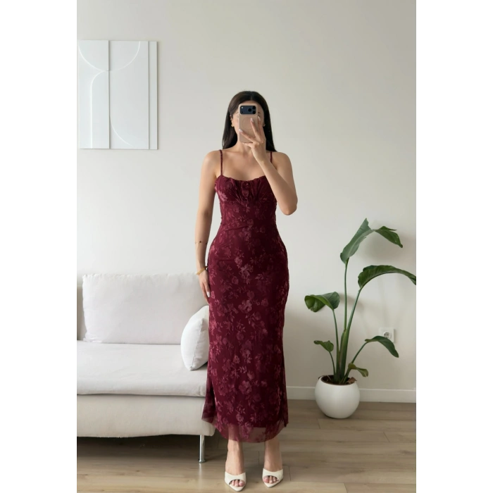 Çiçek Desen Sırt Bağcıklı Elbise - BORDO
