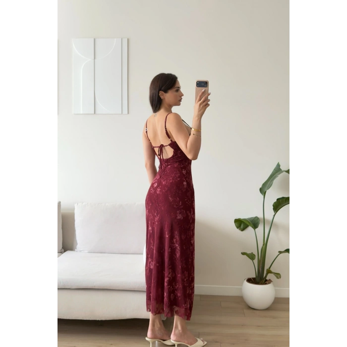 Çiçek Desen Sırt Bağcıklı Elbise - BORDO