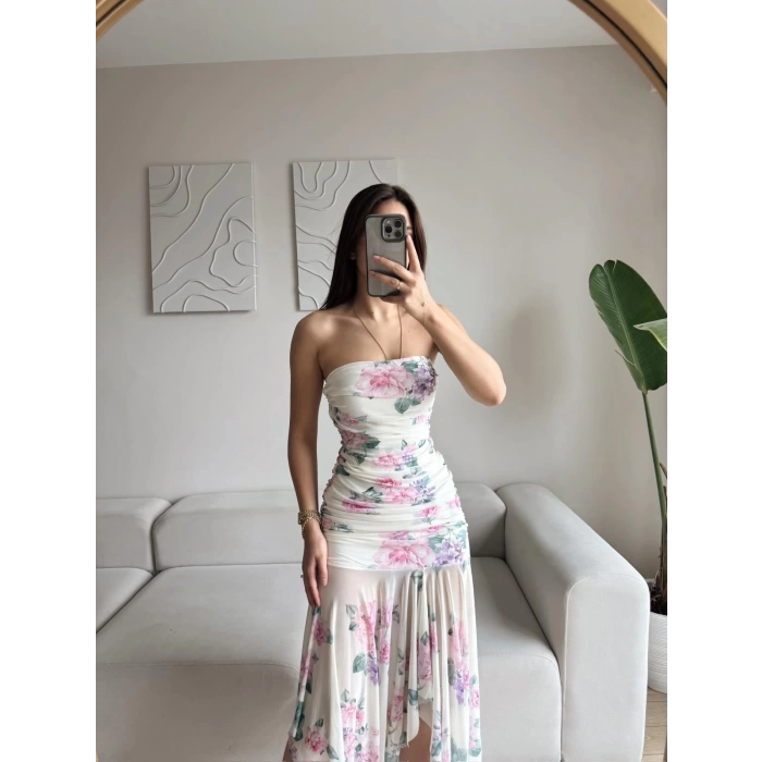 Çiçek Desen Straplez Tül Elbise - BEYAZ