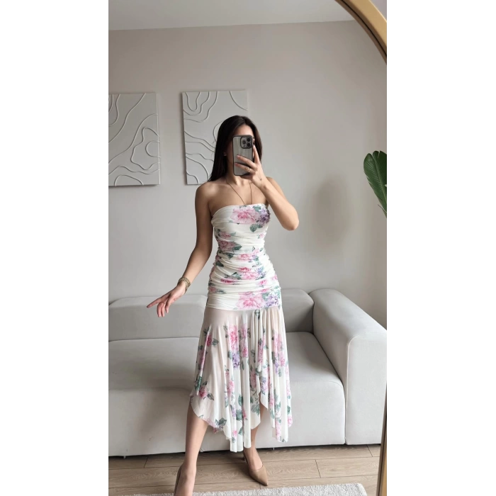 Çiçek Desen Straplez Tül Elbise - BEYAZ