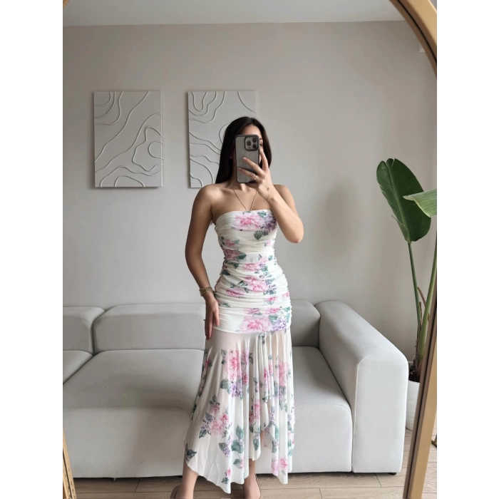 Çiçek Desen Straplez Tül Elbise - BEYAZ