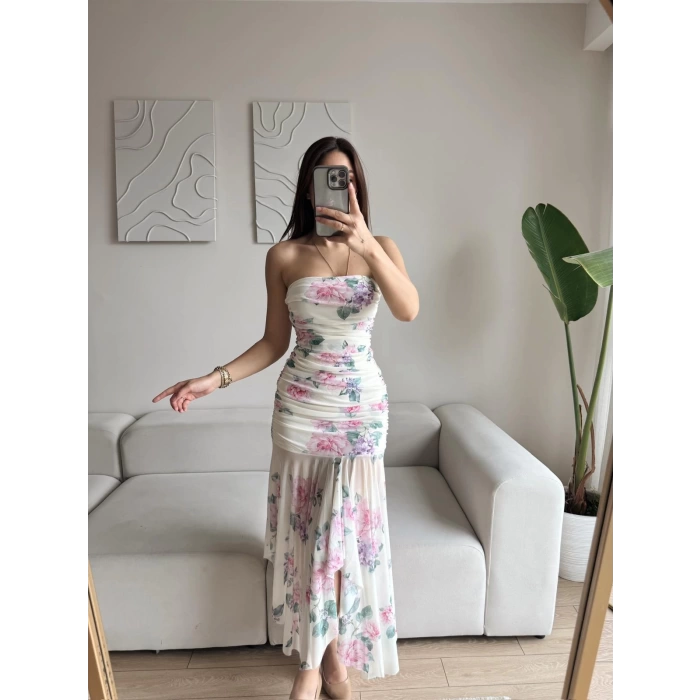 Çiçek Desen Straplez Tül Elbise - BEYAZ