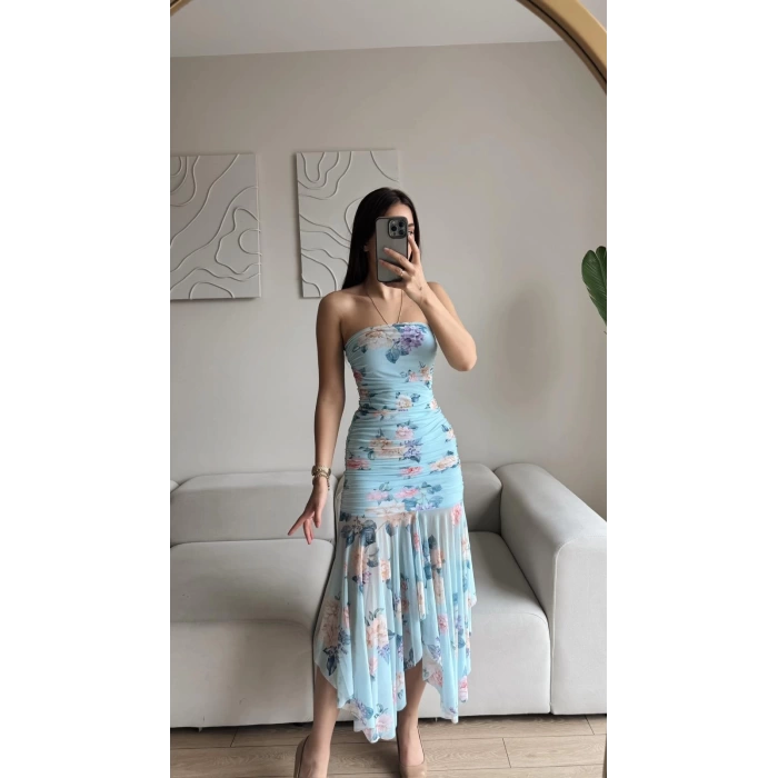 Çiçek Desen Straplez Tül Elbise - MAVİ