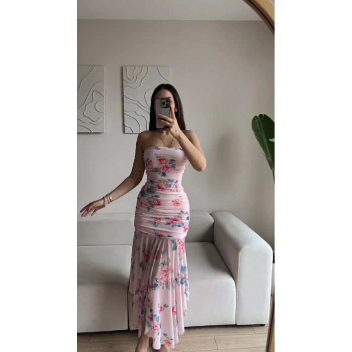 Çiçek Desen Straplez Tül Elbise - PEMBE