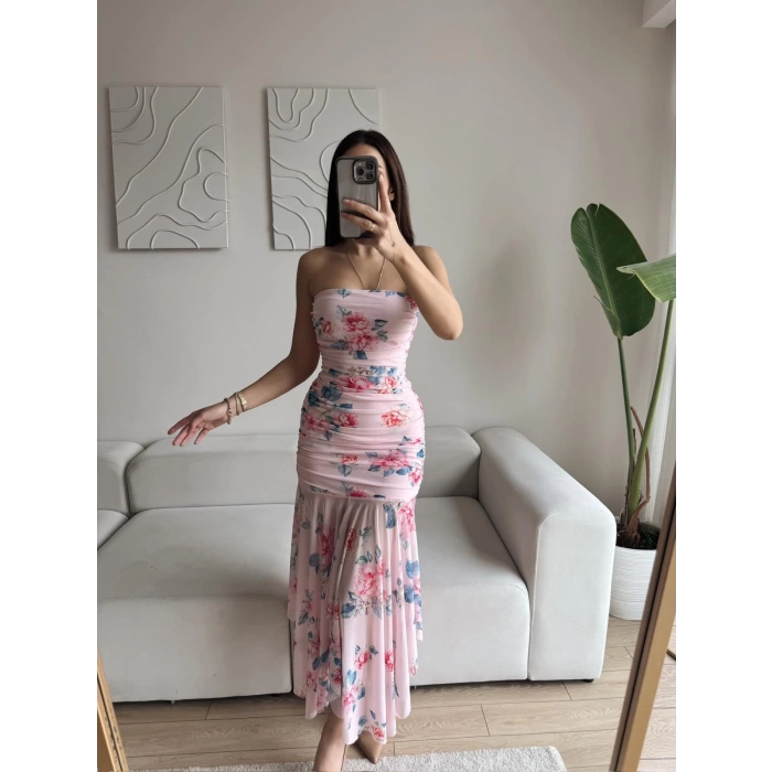 Çiçek Desen Straplez Tül Elbise - PEMBE