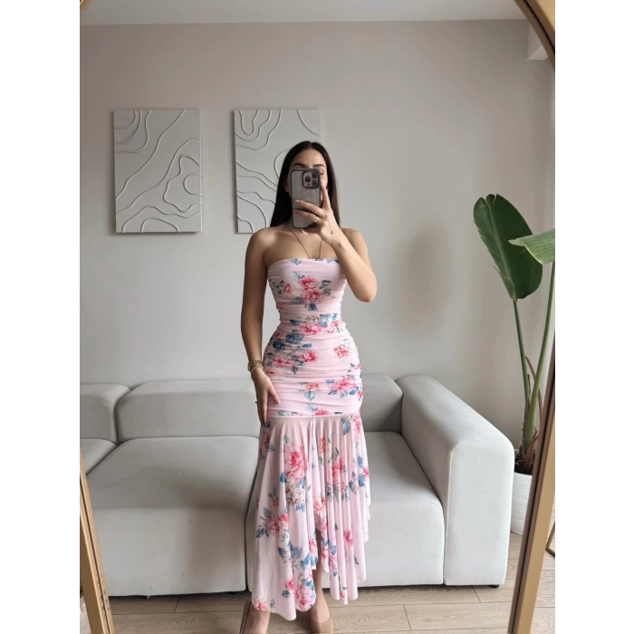 Çiçek Desen Straplez Tül Elbise - PEMBE