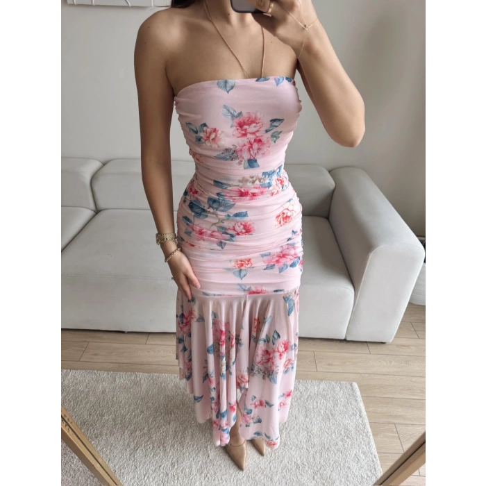 Çiçek Desen Straplez Tül Elbise - PEMBE