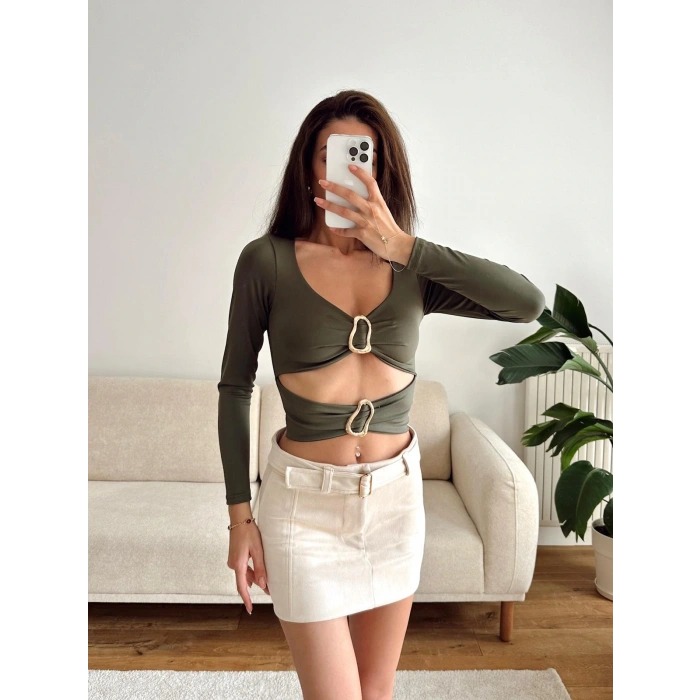Çift Aksesuar Crop Bluz - HAKİ