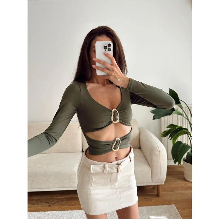 Çift Aksesuar Crop Bluz - HAKİ