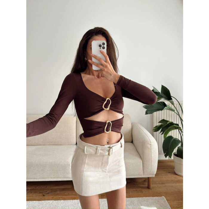 Çift Aksesuar Crop Bluz - KAHVE