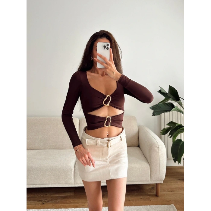 Çift Aksesuar Crop Bluz - KAHVE