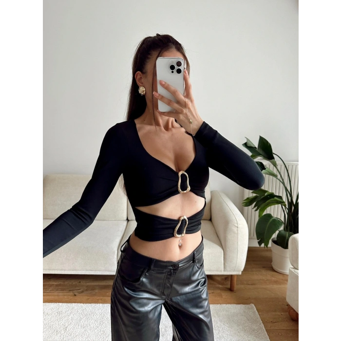 Çift Aksesuar Crop Bluz - SİYAH
