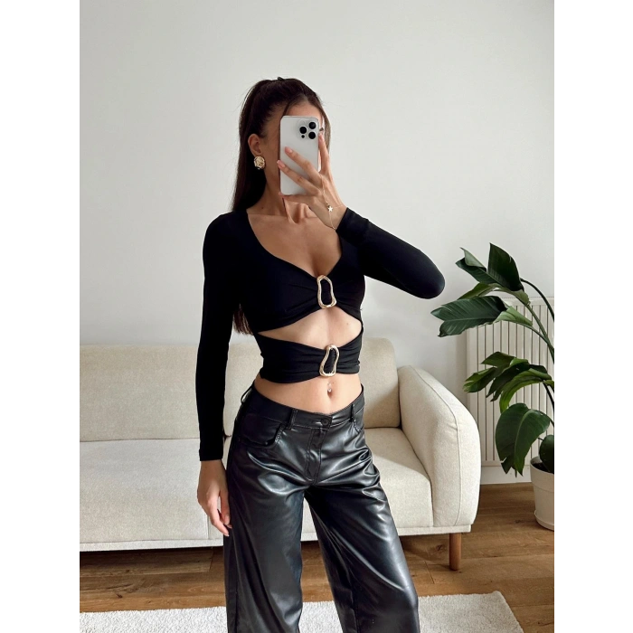 Çift Aksesuar Crop Bluz - SİYAH