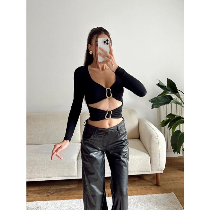 Çift Aksesuar Crop Bluz - SİYAH