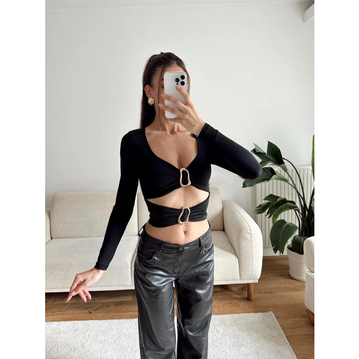 Çift Aksesuar Crop Bluz - SİYAH