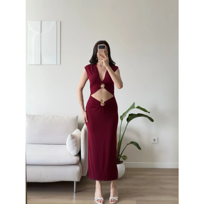Çift Aksesuarlı Maxi Elbise - BORDO