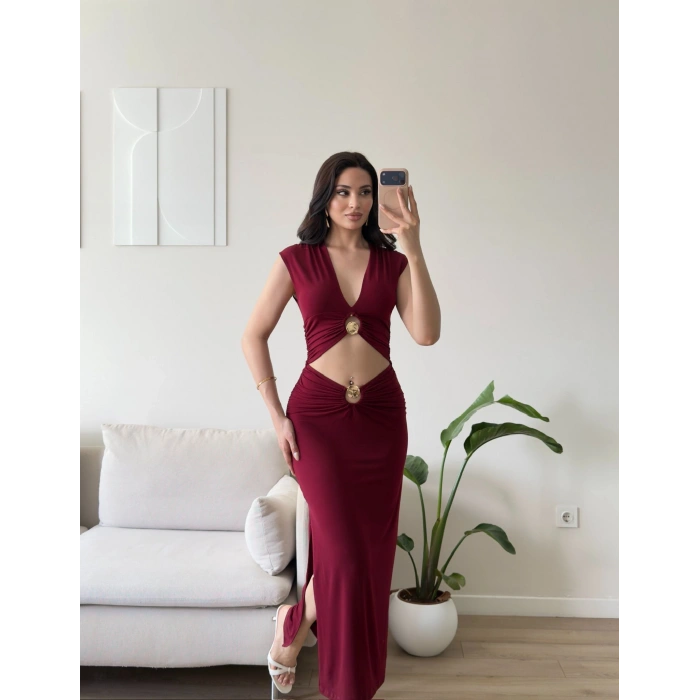 Çift Aksesuarlı Maxi Elbise - BORDO