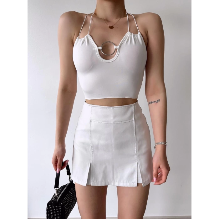 Çift Askılı Göğüs Halka Crop-BEYAZ