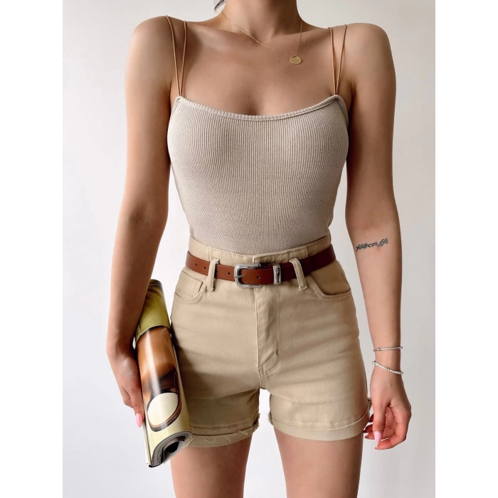 Çift Askılı Kaşkorse Bodysuit-BEJ