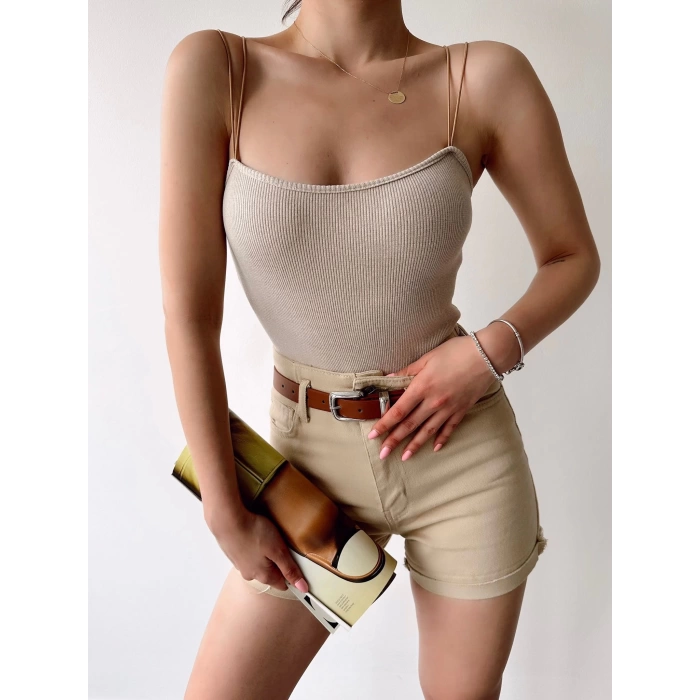 Çift Askılı Kaşkorse Bodysuit-BEJ