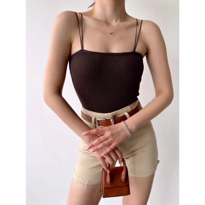 Çift Askılı Kaşkorse Bodysuit-KAHVE