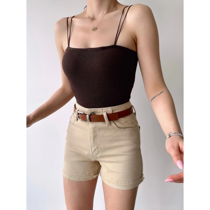 Çift Askılı Kaşkorse Bodysuit-KAHVE