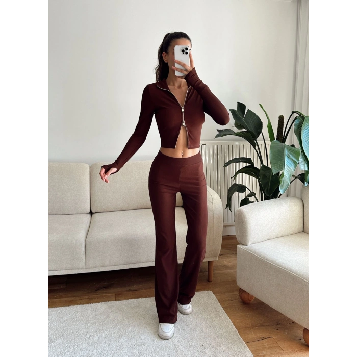 Çift Fermuar Crop & Pantolon Takım - KAHVE