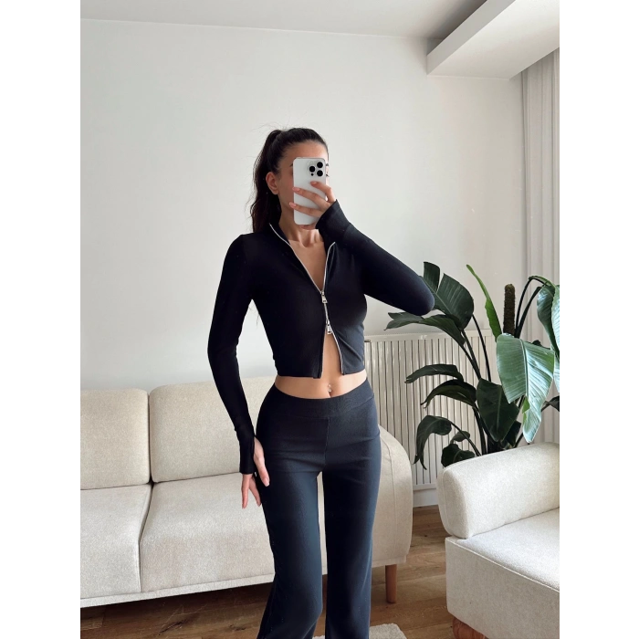 Çift Fermuar Crop & Pantolon Takım - SİYAH
