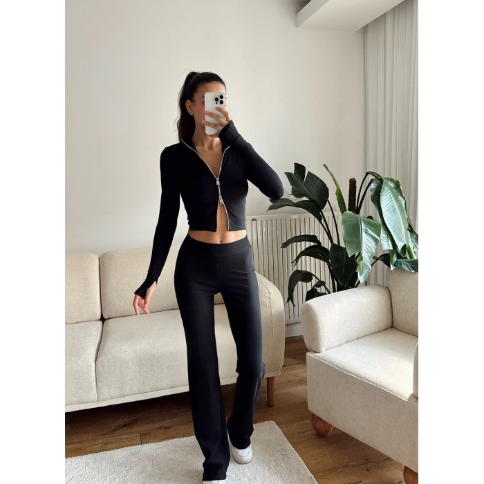 Çift Fermuar Crop & Pantolon Takım - SİYAH