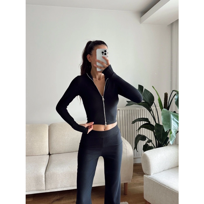 Çift Fermuar Crop & Pantolon Takım - SİYAH