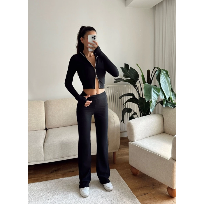 Çift Fermuar Crop & Pantolon Takım - SİYAH